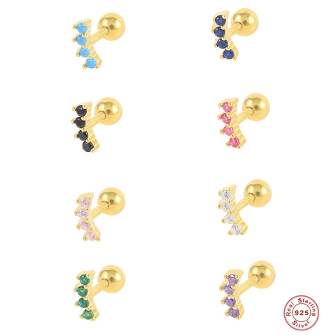 Stud Earrings With 925 Sterling Silver Earring Post Gold Plated Curved Row Zirconia Ball Screw Back Piercing Jewelry For Women