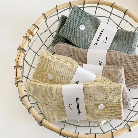 Women Crew Slouch Socks Breathable Cotton Knit Colorful Speckled Pattern Shell Button Decor Japanese Retro Style
