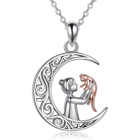 Collar Con Colgante De Plata De Ley 925 Luna Niña Y Gato Para Mujer Lindo Luna Hueca Oro Rosa Bicolor Joyería De Moda Regalo