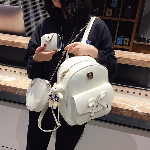 Zaino In Pelle PU Di Moda Con Borsa A Tracolla Rotonda E Porta Carte Decorazione Fiocco Ciondolo Orso Stile Coreano Donne