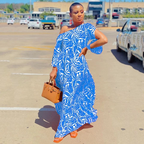 Damen One Shoulder Print Maxi Kleid Asymmetrische Lange Ärmel Lose A-Linie Sommer Urlaub Strand Boho Party Langes Kleid