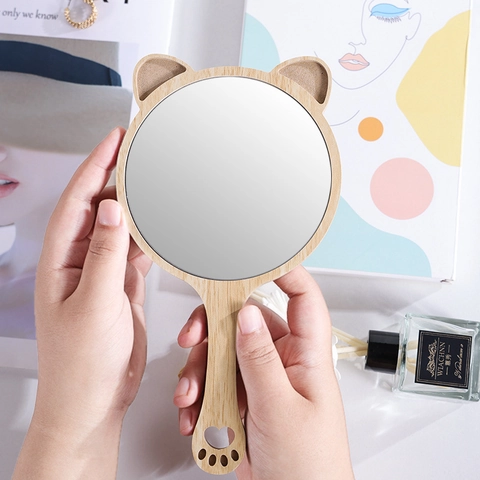 Wooden Handheld Makeup Mirror With Handle Cute Animal Ears Portable HD Personal Cosmetic Mirror For Beauty Salon