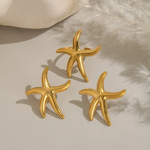 Bijoux Étoile De Mer Boucles D'oreilles Et Bague Acier Inoxydable Plaqué Or Imperméable Hypoallergénique Style Plage