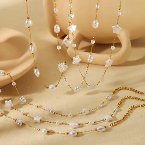 Heart Star Artificial Pearl Necklace Bracelet Stainless Steel 18K Gold Plated Versatile Elegant Fashion Jewelry For Women Girls Gift