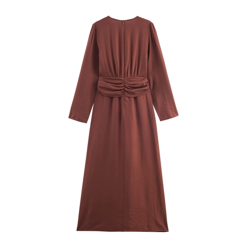 Vestido Maxi Elegante Con Cuello En V Para Mujer Nudo Torcido Manga Larga Cintura Alta Color Sólido Poliéster Sofisticado
