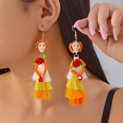 Orecchini Pendenti Con Teschio Di Halloween Con Lega Di Zinco Resina Fiore Nappe Di Raso Gioielli Gotici Per Feste