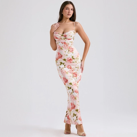 Vestito Lungo Floreale Da Donna Con Spalline Sottili Bordo In Pizzo Vestibilità Aderente Spacco Laterale Sexy Bodycon Estate