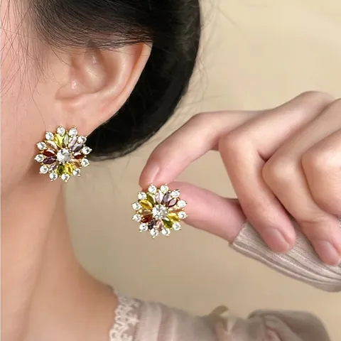 Luxury Copper Real Gold Plated Colorful Zirconia Earrings For Women Heart Butterfly Flower Watermelon Shape Jewelry Gift