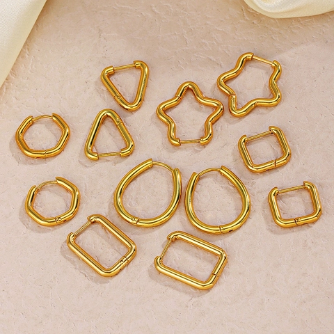 Stainless Steel Geometric Hoop Earrings Gold Plated Heart Star Square Hexagon Shapes Minimalist Jewelry For Women