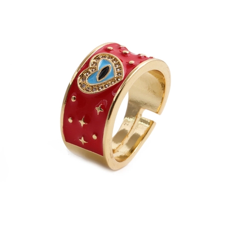 Evil Eye Herz Ring Kupfer Vergoldet Emaille Zirkon Eingelegt Verstellbar Offen Mode Schmuck Für Damen