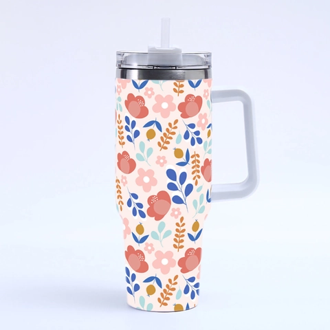 Insulated Tumbler With Handle And Straw 304 Stainless Steel Floral Leaf Print Car Travel Mug Vacuum Flask Portable