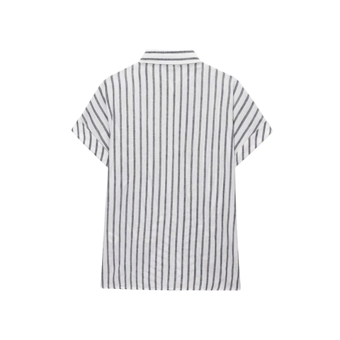 Damen Streifen Leinenmischung Hemd Kurzarm Vorne Gebunden Revers Casual Lockere Bluse Mit Goldknöpfen Sommer Elegant