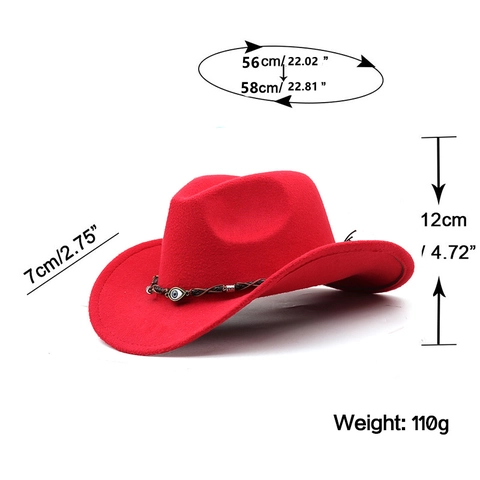 Western Cowboy Hat Felt Polyester Wide Brim With Braided Band Evil Eye Bead Retro Bohemian Sun Protection Adjustable