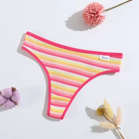 Women Thong Underwear Colorful Striped Cotton Ribbed Panties Low Waist Breathable Lingerie For Girls Stylish Comfortable