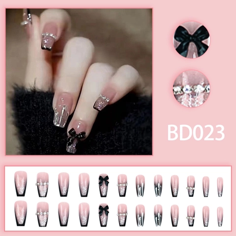 Press On Nagels Lange Doodskistvorm 3D Zwarte Strik Strass Decor Roze Zwart Verloop Zilveren Glitter Franse Stijl Kunstnagels