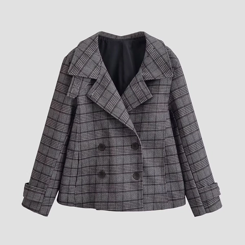 Geruite Jas Met Overlappende Knopen Dames Revers Lange Mouwen Polyester Vintage Britse Stijl Korte Blazer Bovenkleding