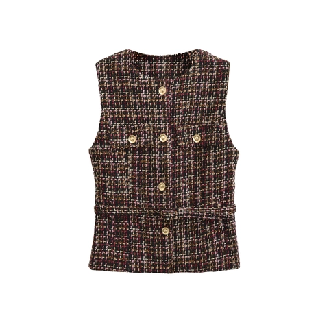 Women Tweed Vest Elegant Retro Round Neck Sleeveless Waistcoat With Gold Buttons Vintage French Style Outerwear