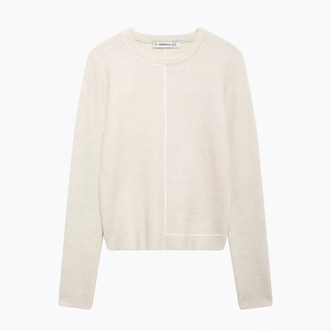 Suéter De Punto Para Mujer Cuello Redondo Manga Larga Detalle De Línea Decorativa Jersey Suelto Informal Minimalista Otoño Invierno