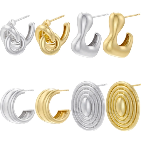 Irregular Knot C-Shape Copper Earrings For Women Unique Geometric Electroplated Spiral Stud Earrings Fashion Jewelry