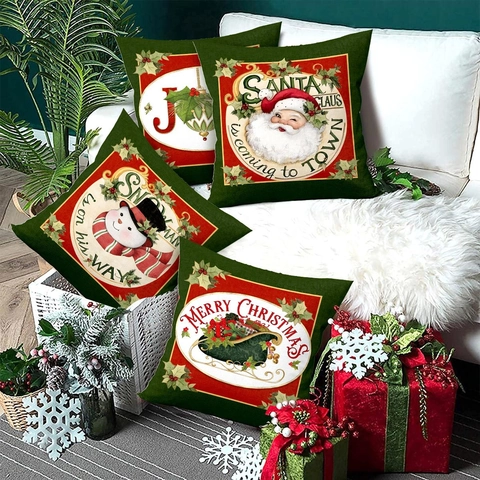 Weihnachts Kissenbezüge Dekoratives Polyester Leinenimitat Schneemann Weihnachtsmann Schlitten Drucke Für Sofa