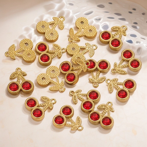 Cute Cherry Charms Stainless Steel Rhinestone Pendants Fruit DIY Accessories For Necklace Earrings Jewelry Making