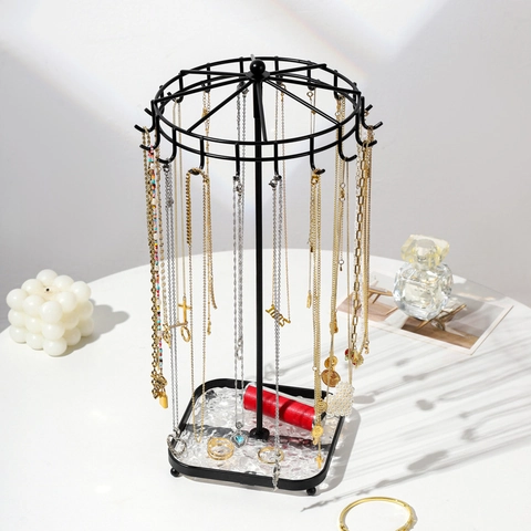 Metal Rotating Jewelry Display Stand Hooks Necklace Bracelet Holder With Square Acrylic Tray Detachable Organizer