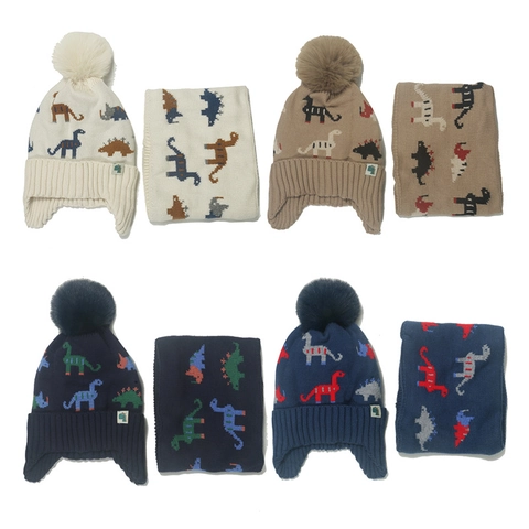 Conjunto De Gorro Tejido Y Calentador De Cuello Para Niños Acrílico Forro Polar Patrón De Dinosaurio Invierno Cálido