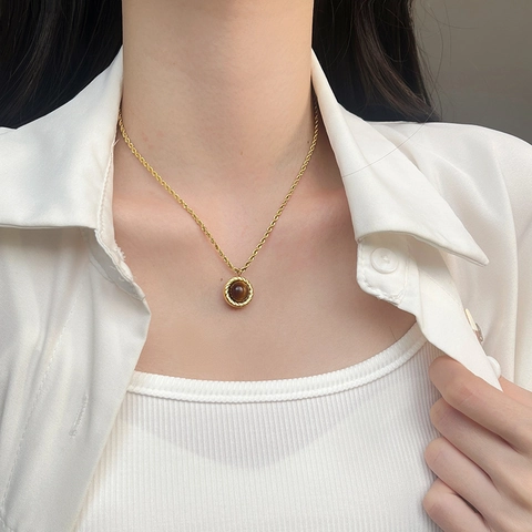 Vintage French Style Titanium Steel Necklace And Earrings With Round Natural Tiger Eye Stone Pendant Twisted Rope Chain