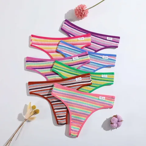 Women Thong Underwear Colorful Striped Cotton Ribbed Panties Low Waist Breathable Lingerie For Girls Stylish Comfortable