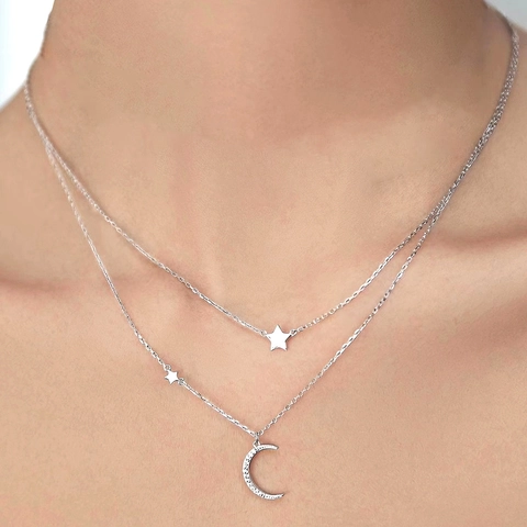 Elegant 925 Sterling Silver Star Moon Double Layer Necklace For Women Fashion Zirconia Pendant Choker Necklace Jewelry Gift