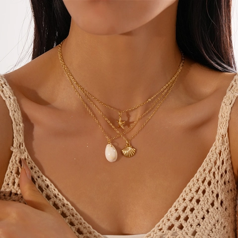 Collar De Capas Oro Aleación Concha Estrella De Mar Estilo Vacaciones Playa Joyería Bohemia Accesorios Mujeres