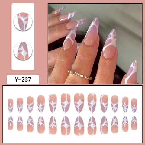 Uñas Postizas Forma De Almendra Púrpura Claro Ondas De Agua Estilo Francés Abstracto Manicura Removible Para Mujeres