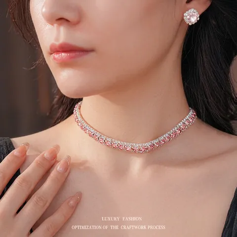 Collana E Orecchini In Rame Con Cristallo Rosa Strass Gioielli Moda Lusso Da Donna