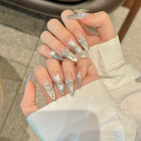 Uñas Postizas Hechas A Mano Ojo De Gato Azul Mariposa 3D Decoración Diamantes Imitación Perlas Artificiales Almendra Larga Estilo Francés Elegante