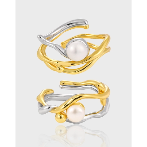 Zoetwaterparel Ring S925 Sterling Zilver Tweekleurig Onregelmatig Hol Gedraaid Ontwerp Verstelbare Open Ring Voor Dames
