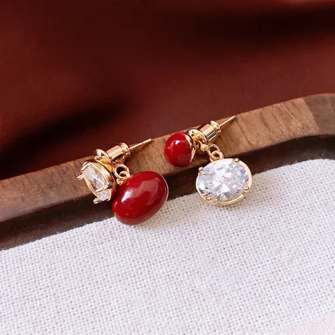 Orecchini A Lobo Ovali Rossi Vintage Rame Placcato Oro Vero Con Zircone E Perno In Argento Sterling 925 Per Donna