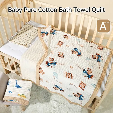 Baby Bath Towel Muslin Gauze Pure Cotton Multi Layer Swaddle Blanket Soft Absorbent Breathable Class A Infant Cartoon Print