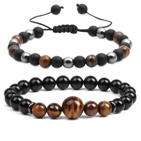 Adjustable Matte Black Tiger Eye Stone Beaded Bracelet For Men Women Healing Energy Woven Rope Copper Spacers Bracelet Jewelry Gift