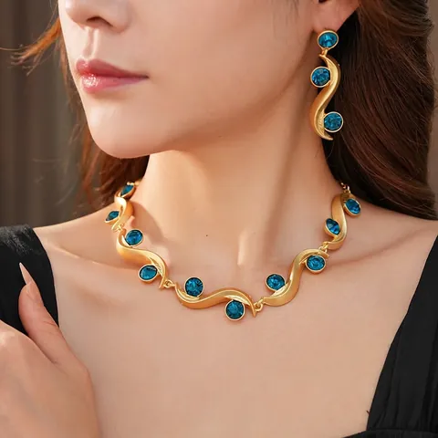 Collana E Orecchini Pendenti A Onde In Lega Con Strass E Perno In Argento Cristallo Blu Per Donna