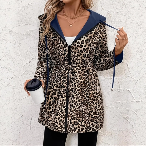 Chaqueta Con Capucha Ligera Para Mujer Forro De Estampado Leopardo Cintura Con Cordón Cortavientos Informal Media Longitud