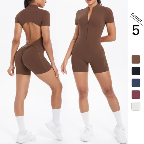 Women Yoga Jumpsuit Romper Zip Up Short Sleeve Backless Cutout Nylon Spandex Slim Fit Ruched Butt Gym Fitness Running Bodysuit