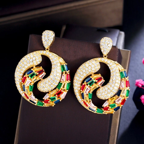 Luxury Copper 18K Gold Plated Multicolor Zirconia Hoop Earrings Vintage Spiral Vortex Drop Earrings For Women Party Jewelry