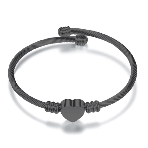 Edelstahl Verdrehtes Kabel Offener Armreif Für Damen Schwarz Herz Anfangsbuchstabe Graviert Verstellbar Mode Schmuck