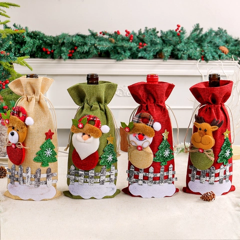 Christmas Wine Bottle Cover Polyester Burlap Style 3D Santa Snowman Reindeer Bear Applique Drawstring Bag Holiday Decor