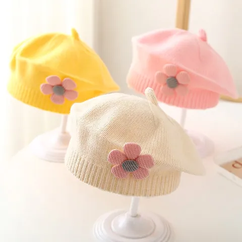 Baby Meisjes Gebreide Wollen Baret Met Bloem Decoratie Schattige Schildersmuts Herfst Winter Warm Voor Peuters