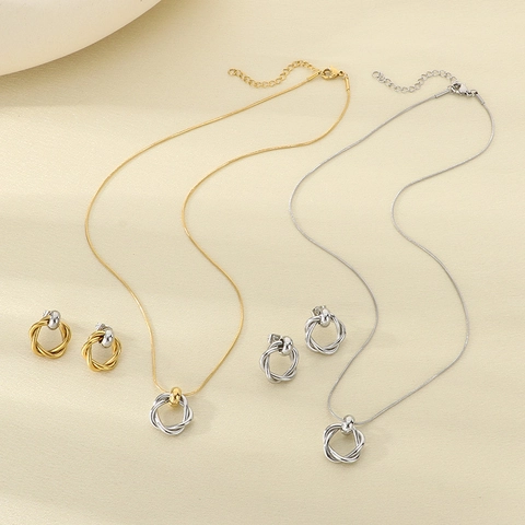 Gioielli Acciaio Inossidabile Collana Orecchini Nodo Cerchio Intrecciato Geometrico Bicolore Accessori Donne