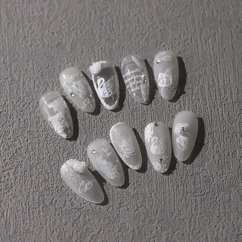 3D Relief Nail Art Stickers White Swan Rose Flower Feather Pattern Self Adhesive Ultra Thin Holographic Laser Decor