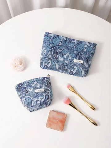 Retro Blue Paisley Jacquard Makeup Bag Portable Fabric Cosmetic Pouch Travel Toiletry Organizer Handbag