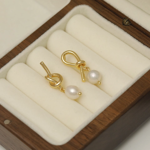 Minimalist Knot Drop Earrings With Freshwater Pearl And 925 Sterling Silver Earring Post For Women