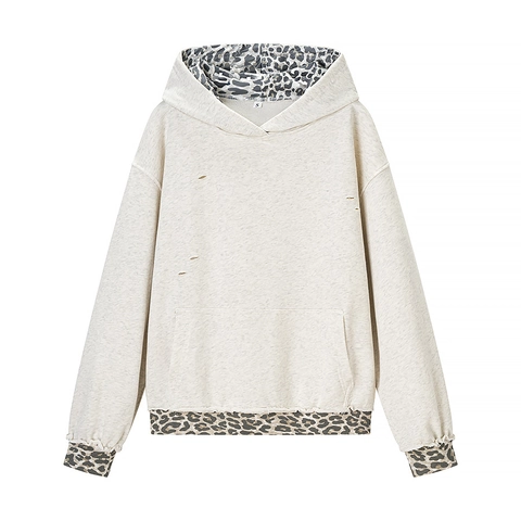 Women Hoodie Leopard Print Patchwork Distressed Ripped Long Sleeve Acrylic Casual Streetwear Pullover Sweatshirt